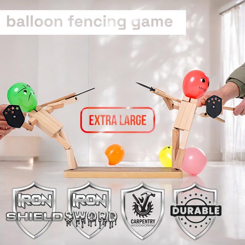 Akargol Handmade Wooden Fencing Puppets - XLarge 2025 New Sword Duel Game Best Family Board Games for Christmas 2-Player Wooden Robot Battle Balloon Game, Whack a Balloon Party Games for 2 Players - Image 2